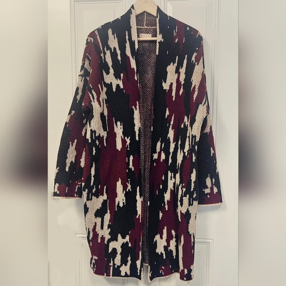 Women's Knox Rose Open Front Duster Cardigan Sweater Camo Navy & Red Size M
